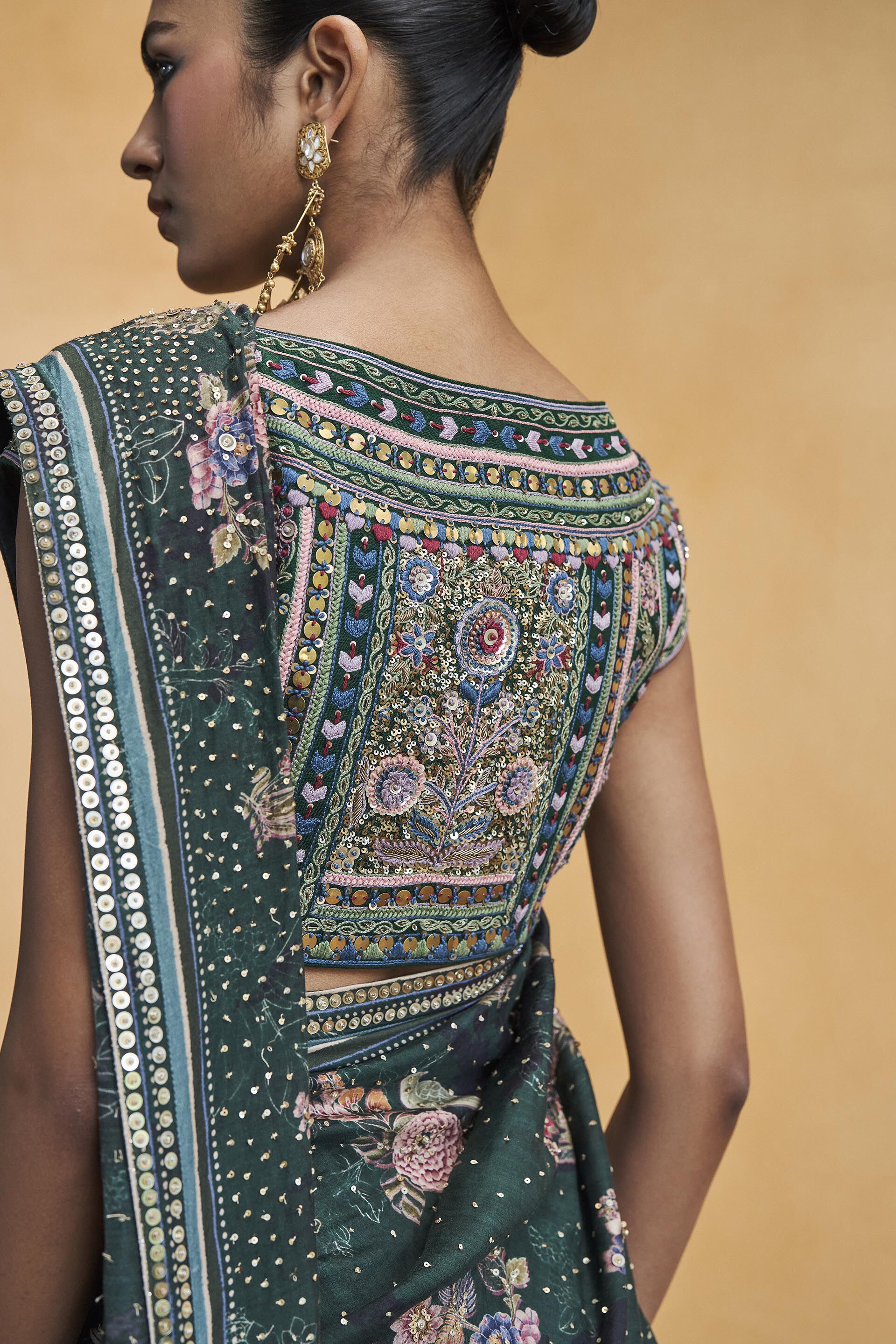 Flamingos In Flight Zardozi Embroidered Saree - Green, Green, image 4